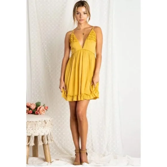 SOLD OUT Mustard Swiss Polka Dot Ruffle V-Neck Mini Dress - Picture 2 of 6